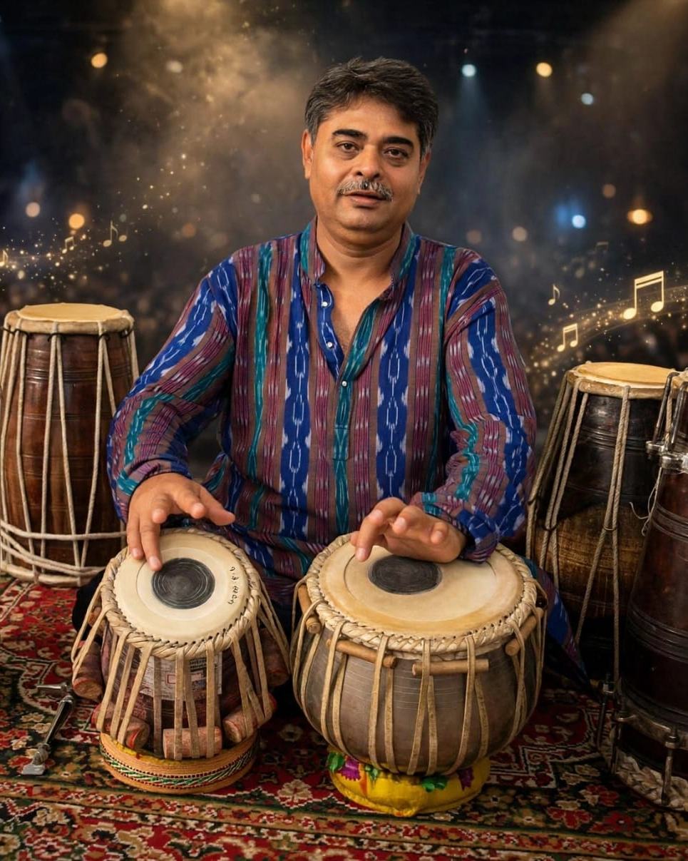 Pt. Madhav Pawar seated at the tabla